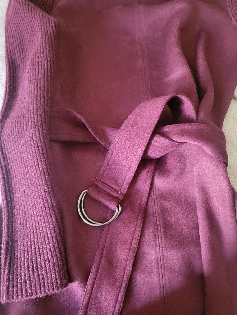 Ann Taylor D-Ring Belted Sweater in Plum Mixed Media Faux Suede